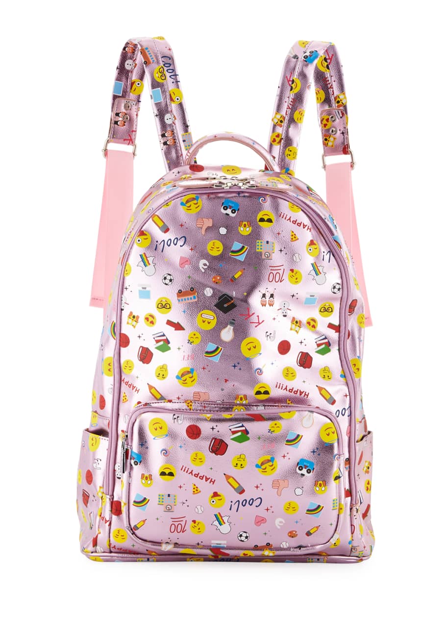 Bari Lynn Kids Metallic Emoji Print Faux Leather Backpack