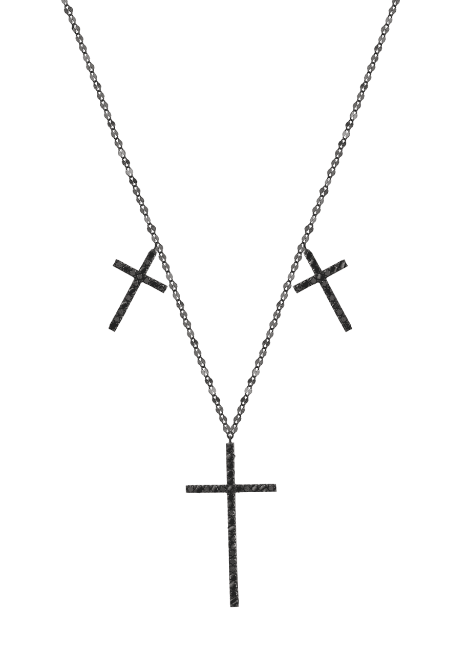 Image 1 of 1: Reckless 14K Black Gold Triple-Cross Necklace with Black Diamonds