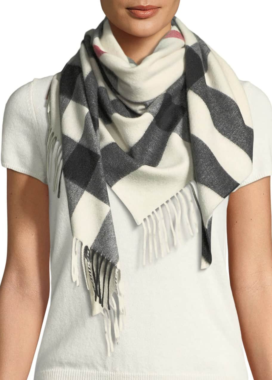 Burberry Cashmere Checkered Fringe Bandana Scarf - Bergdorf Goodman