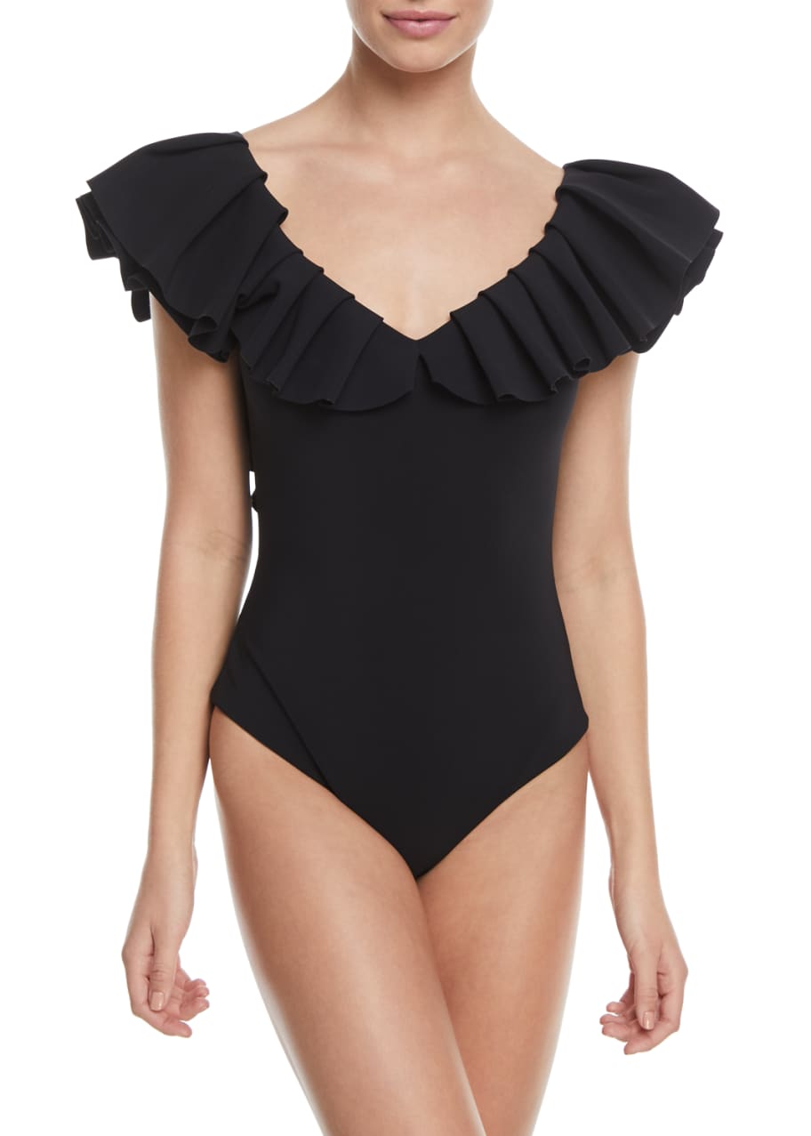 Image 1 of 1: Danila V-Neck Ruffled-Frill Solid One-Piece Swimsuit