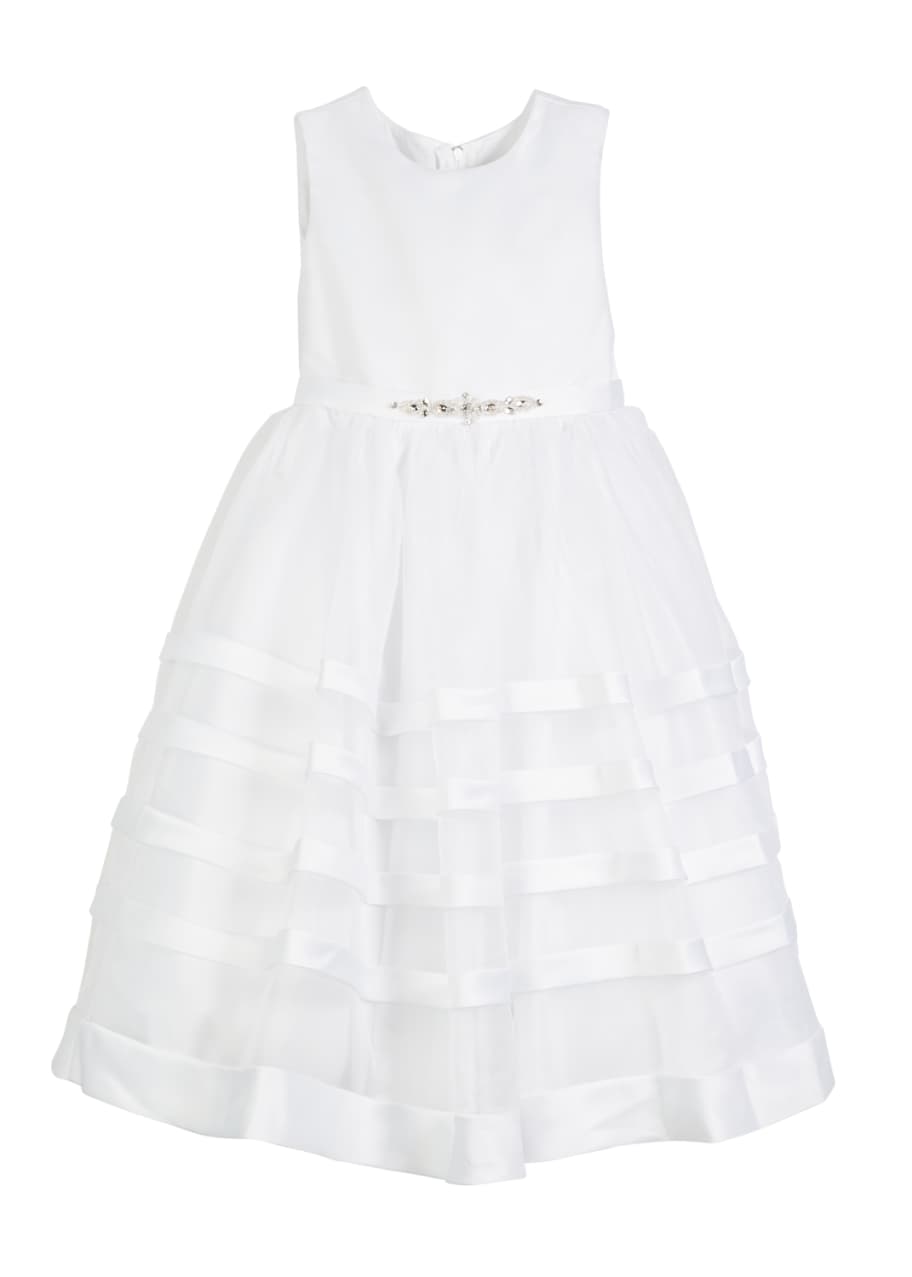 Image 1 of 1: Solid Satin Dress w/ Tulle Striped Skirt, Size 5-14