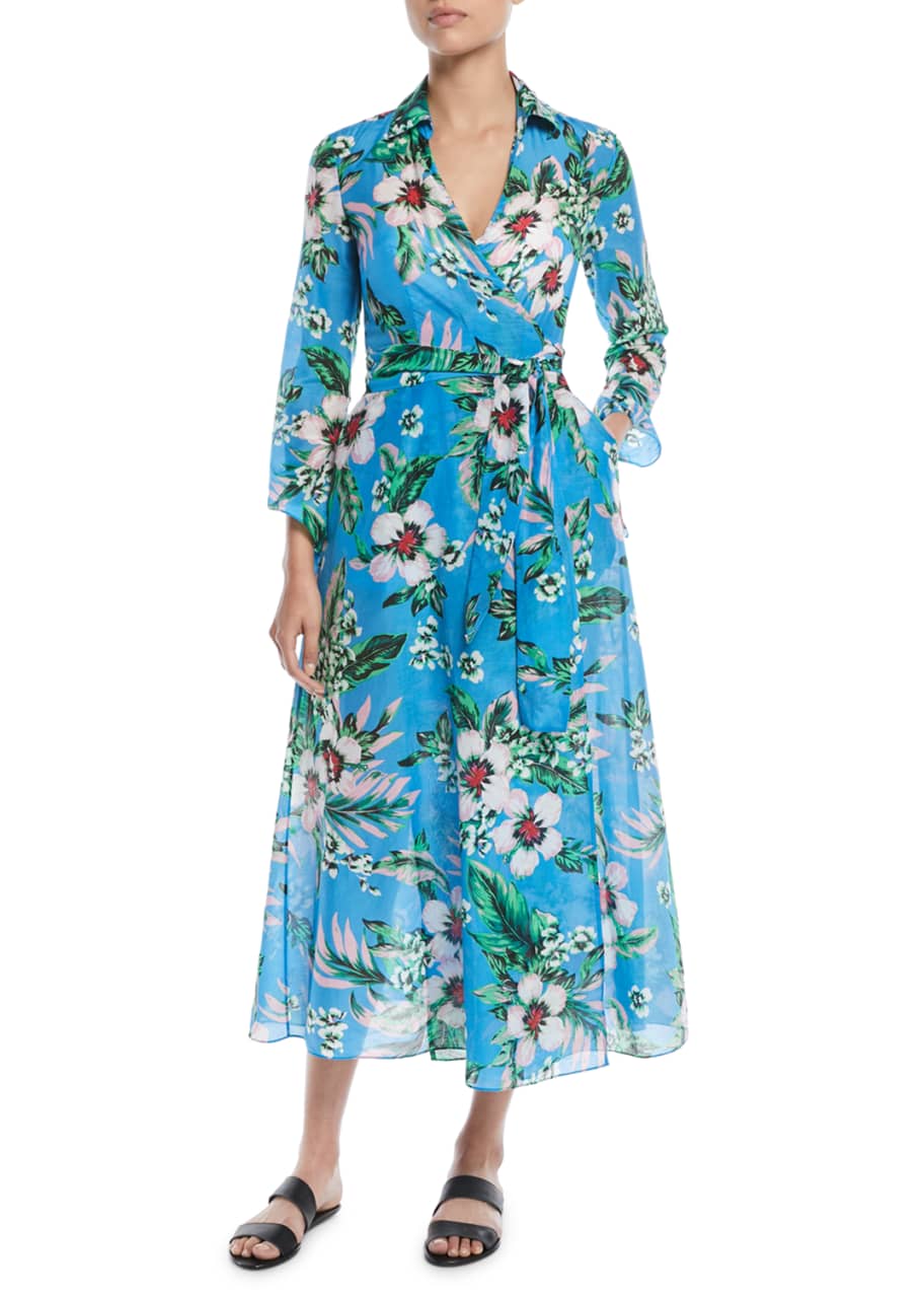 Long Sleeve Collared Floral Wrap Coverup Dress