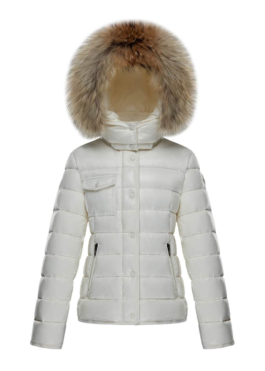 Moncler Armoise Quilted Hooded Coat w/ Fur Trim, Size 8-14