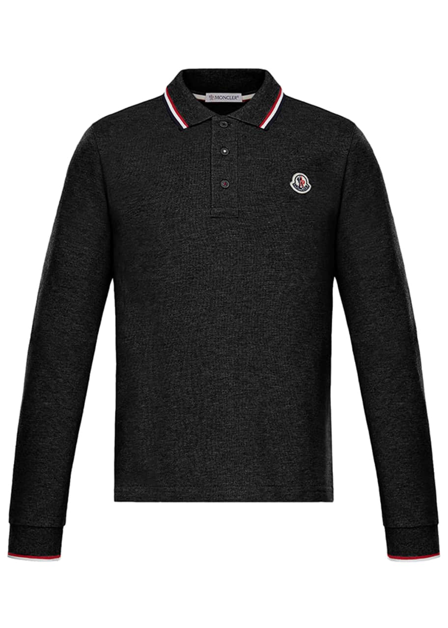 Moncler Long-Sleeve Polo w/ Striped Tipping, Size 4-6 - Bergdorf Goodman