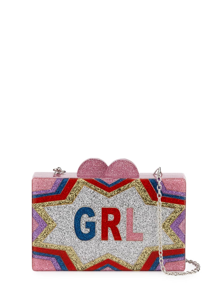 Bari Lynn Girls GRL PWR Glittered Acrylic Box Clutch Bag