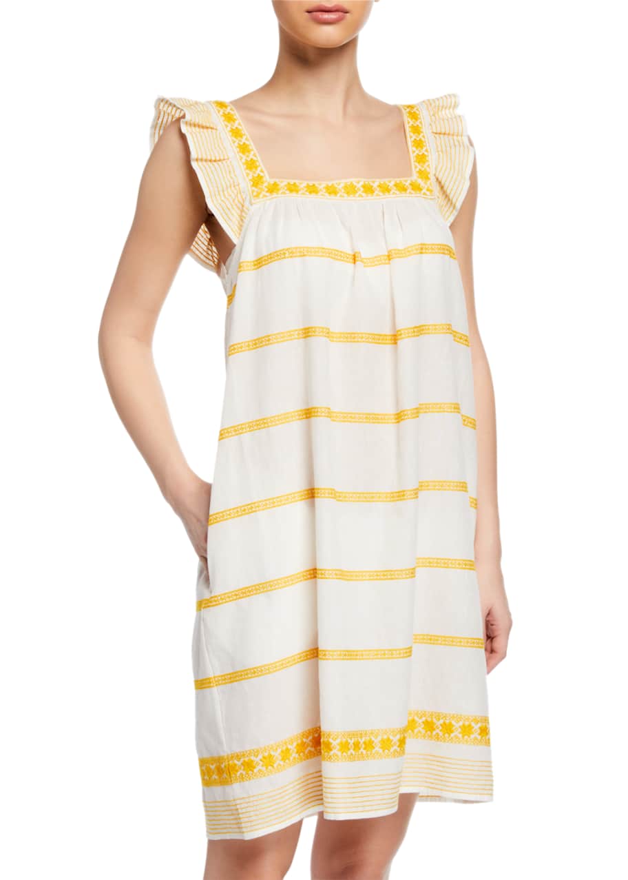 Tory Burch Sleeveless Striped Embroidered Sun Dress w Ruffle