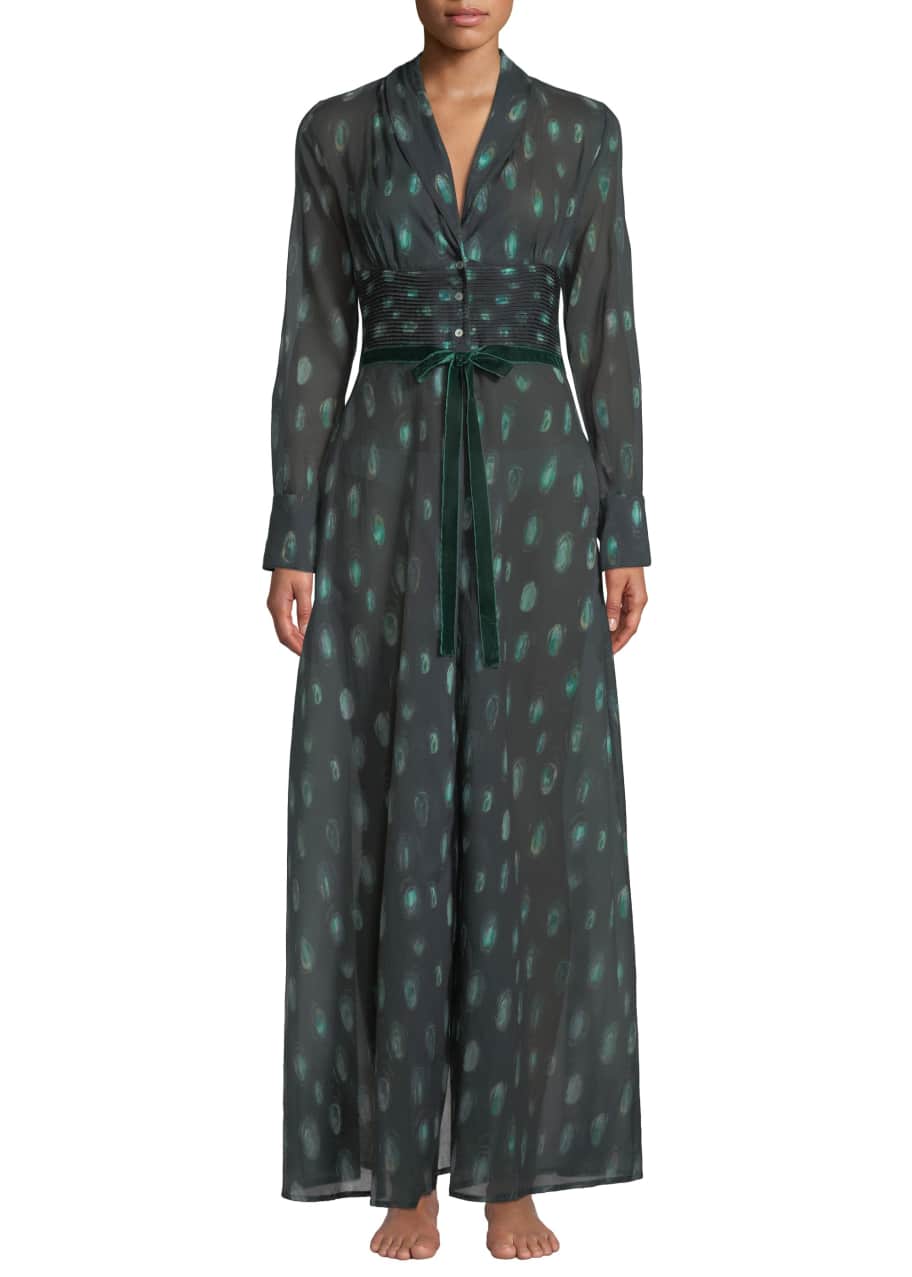 Image 1 of 1: Peacock Feather-Print Cotton Robe