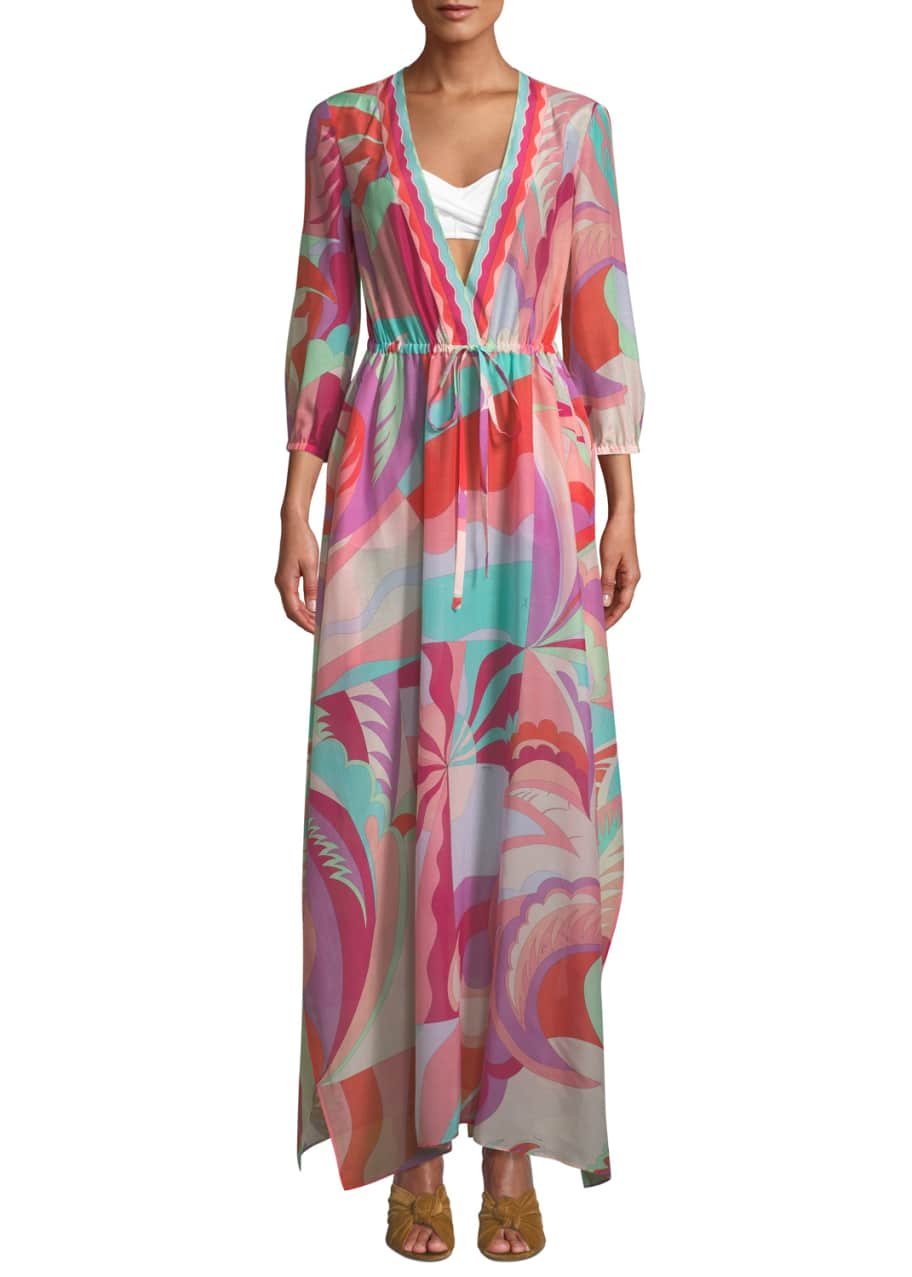 Emilio Pucci V-Neck 3/4-Sleeve Long Multicolor Caftan - Bergdorf Goodman