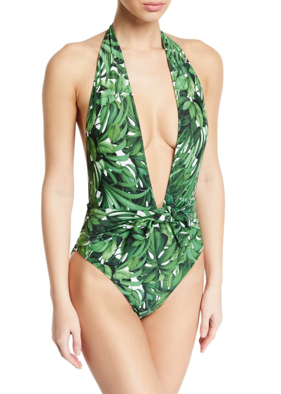 Image 1 of 1: Leaf-Print Halter Wrap One-Piece Swimsuit