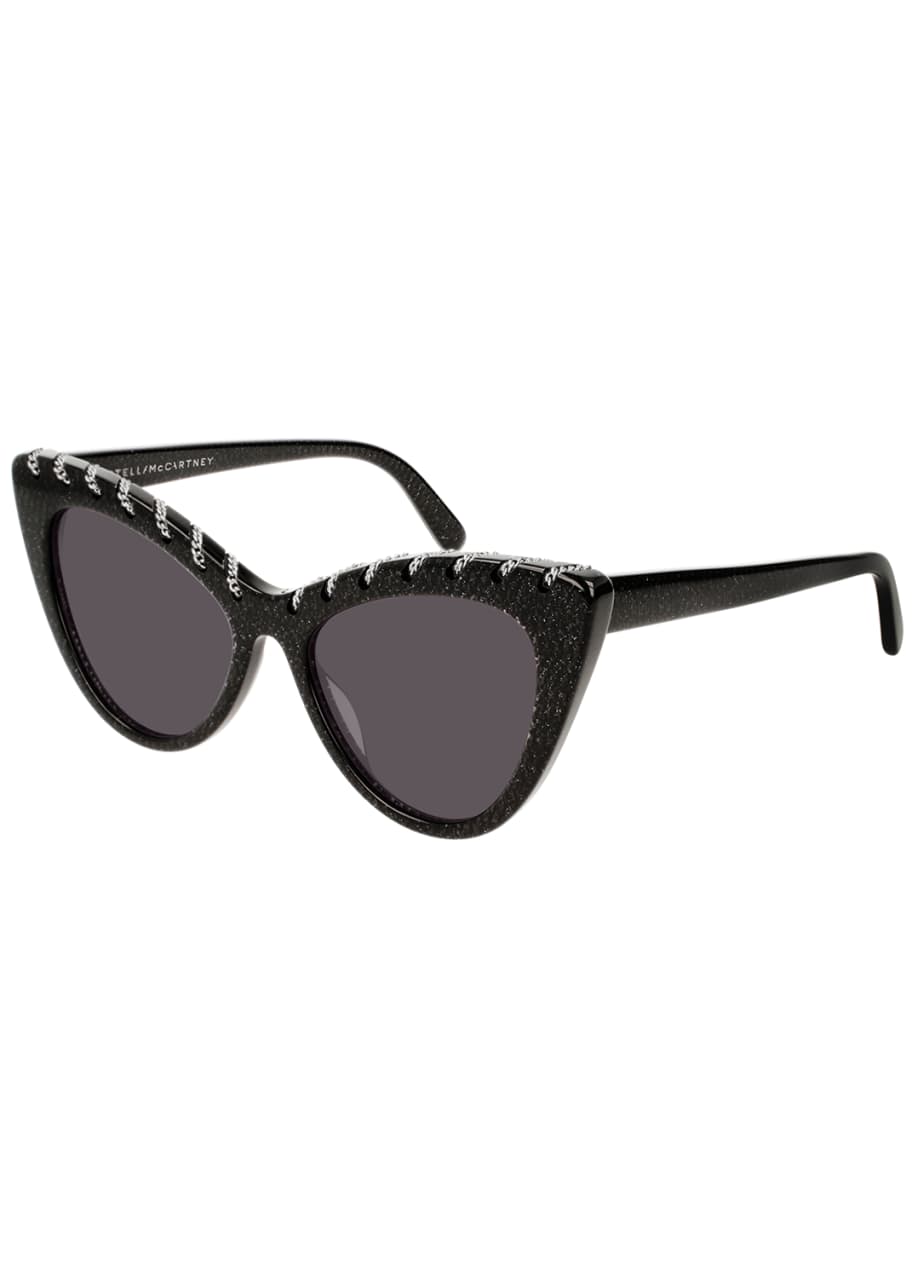 Image 1 of 1: Glittered Acetate Cat-Eye Sunglasses w/ Woven Chain Detail