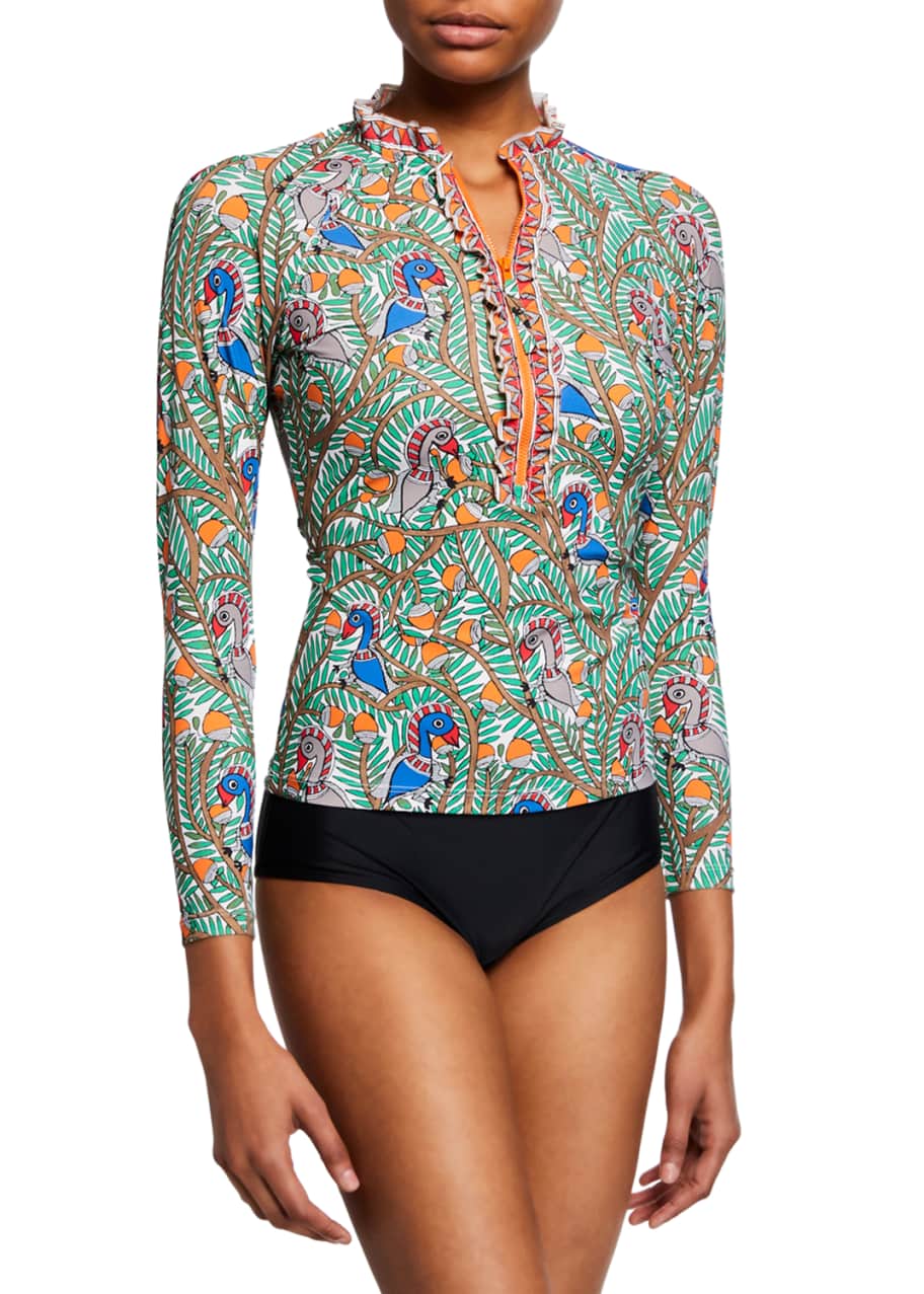 Printed Ruffle Long Sleeve Swim Rashguard