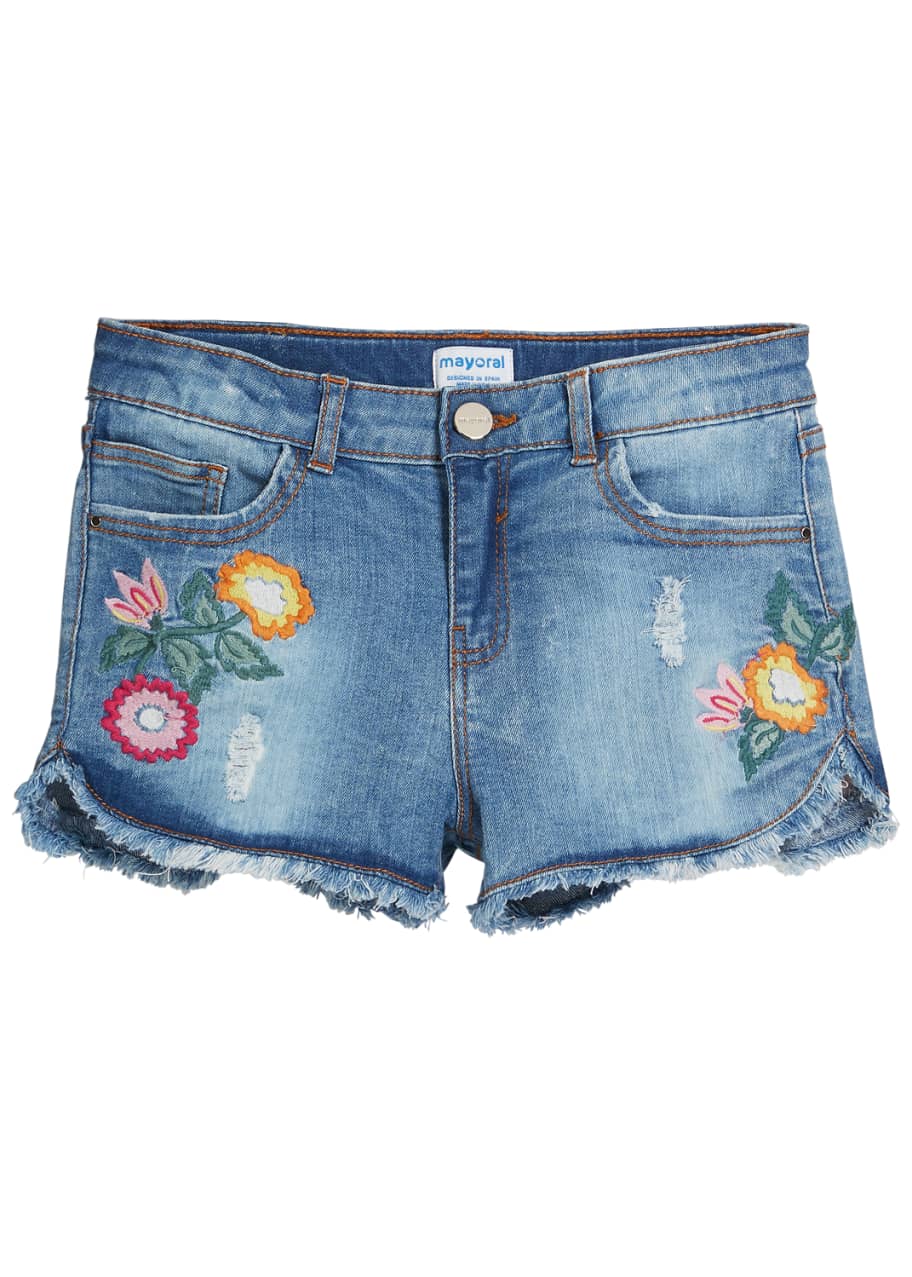 Image 1 of 1: Distressed Denim Shorts w/ Floral Embroidery, Size 8-16