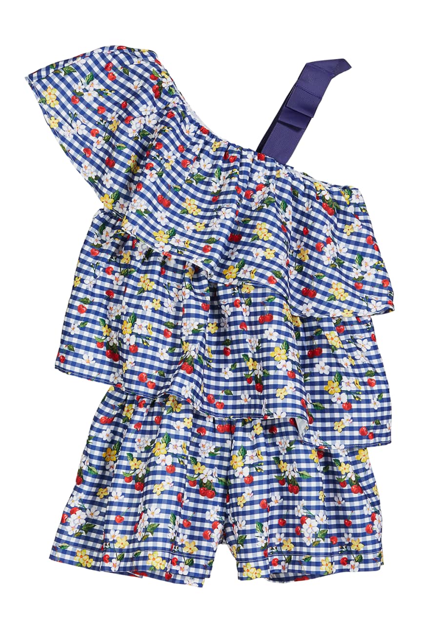 Image 1 of 1: Gingham & Floral Ruffle Romper, Size 4-7