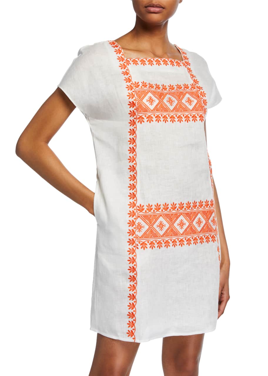 Image 1 of 1: Embroidered Short-Sleeve Linen Dress