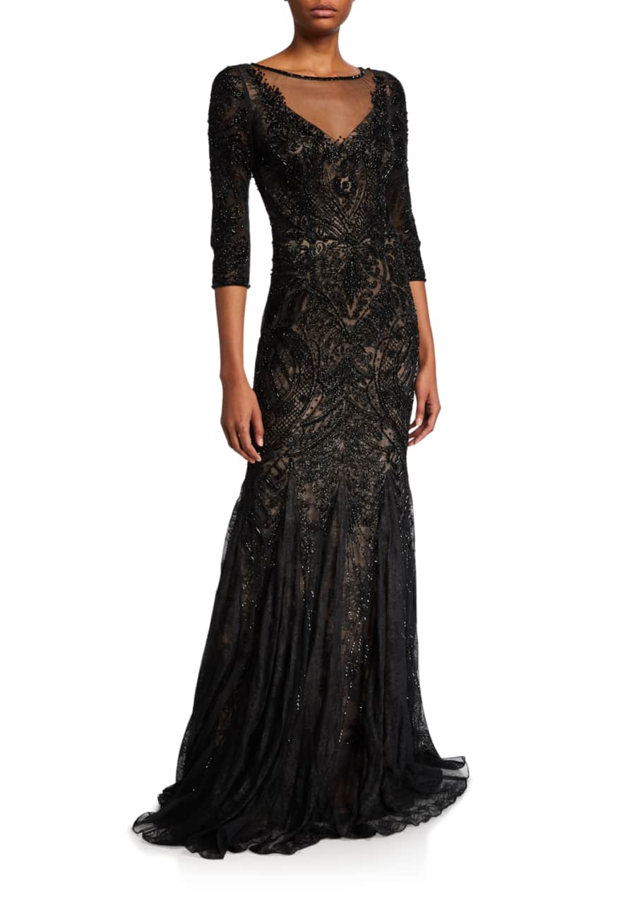 Theia Couture Embellished Tulle 3/4-Sleeve Godet Illusion Gown ...