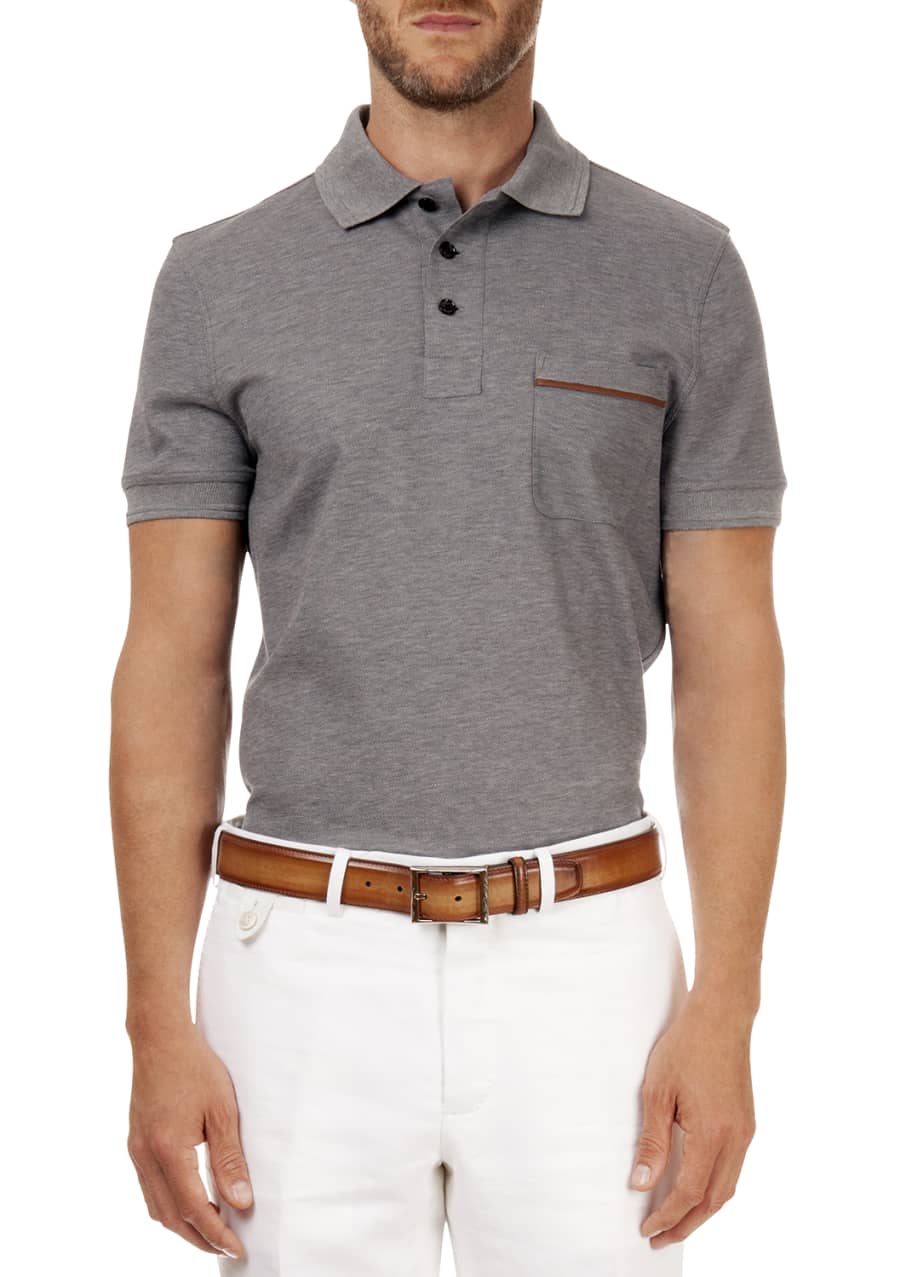 Berluti Polo with Leather Detail, Gray - Bergdorf Goodman