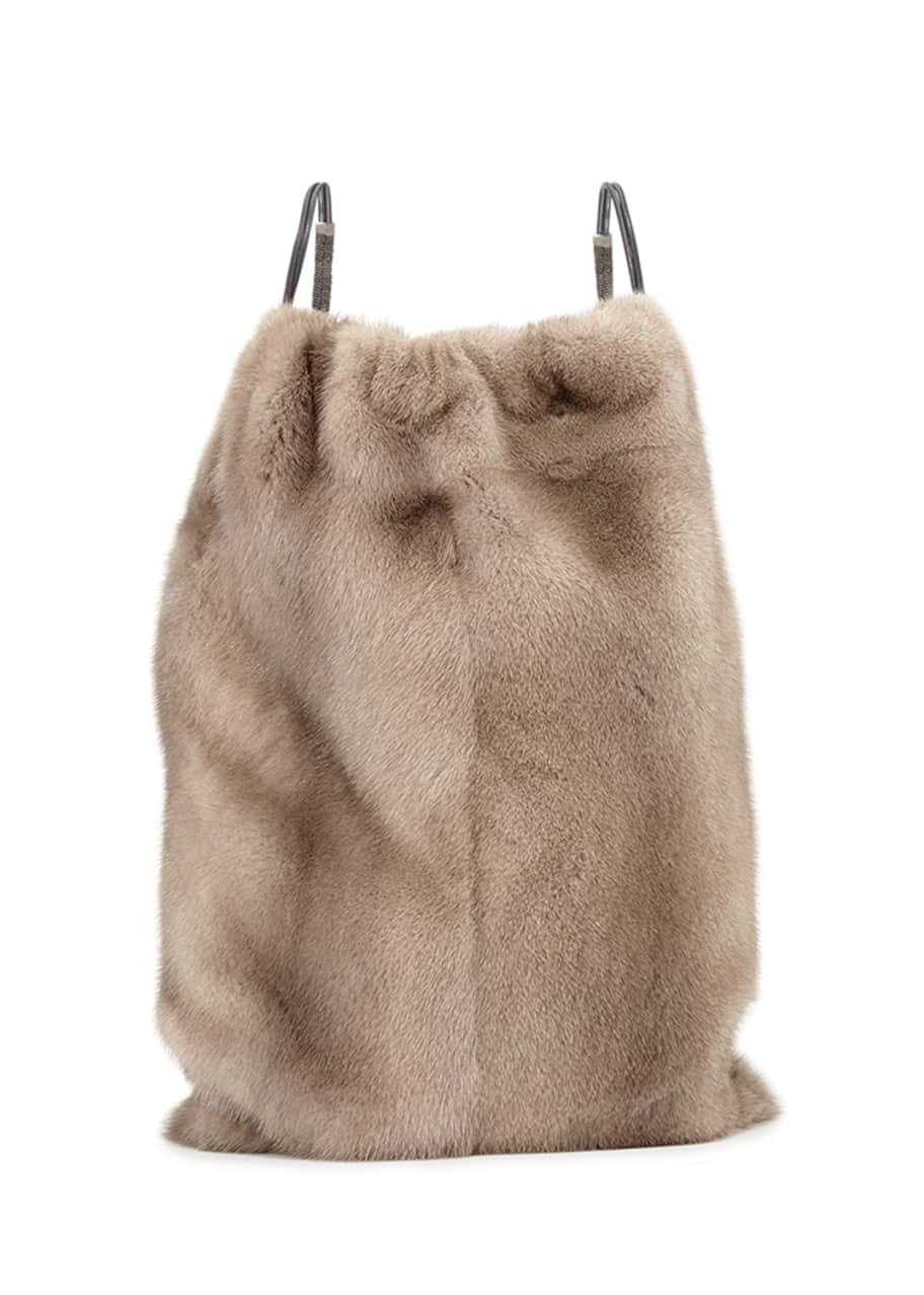 Image 1 of 1: Mink Fur Drawstring Backpack w/Monili Straps, Gray