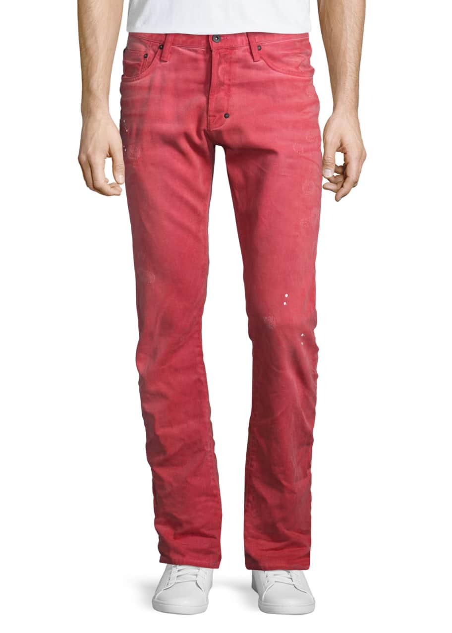 Image 1 of 1: Demon Distressed Denim Slim-Straight Jeans, Red