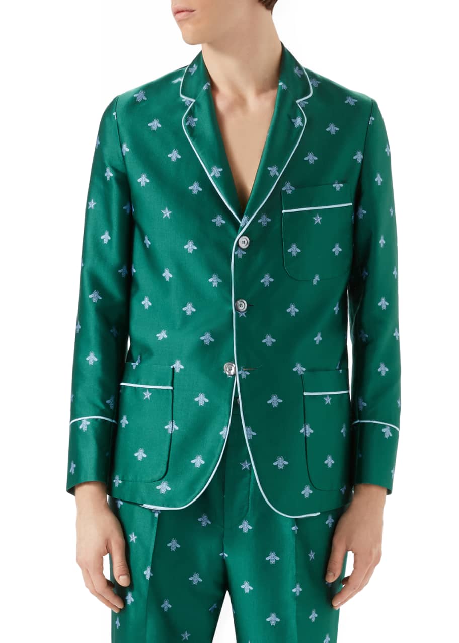 Gucci Bee-Embroidered Jacquard Pajama Jacket, Teal - Bergdorf Goodman