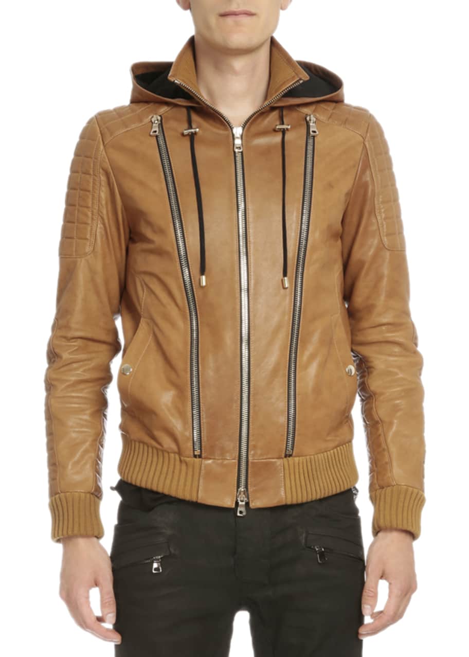 Balmain Hooded Leather Three-Zip Jacket, Brown - Bergdorf Goodman