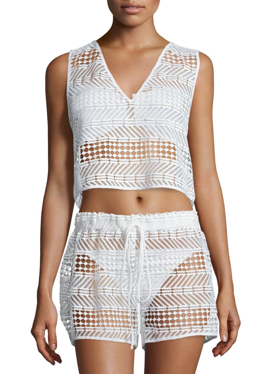 Milly Crocheted V-Neck Coverup Top, White - Bergdorf Goodman