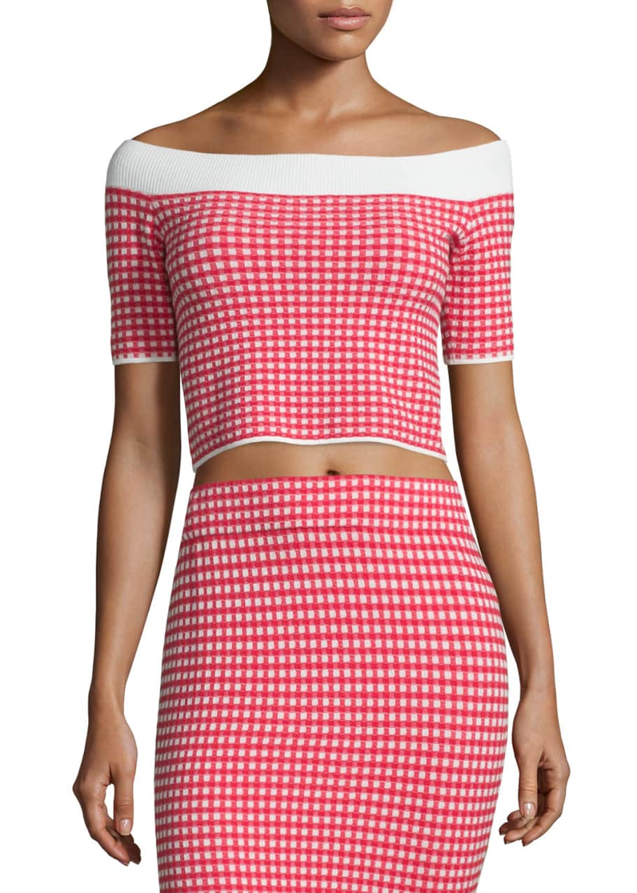 Jonathan Simkhai Gingham Stretch Off the Shoulder Crop Top Red