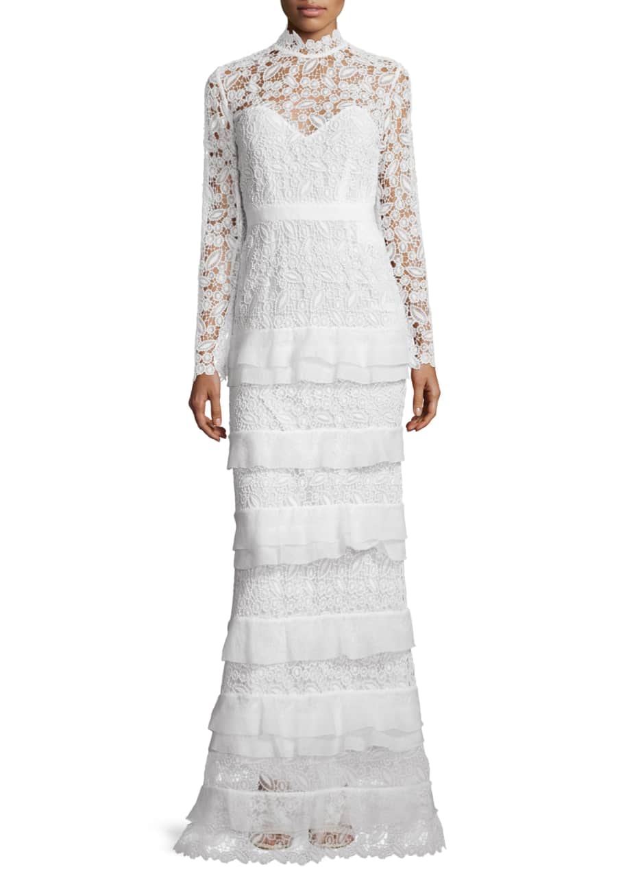 Self Portrait Primrose Long Sleeve Tiered Lace Gown White