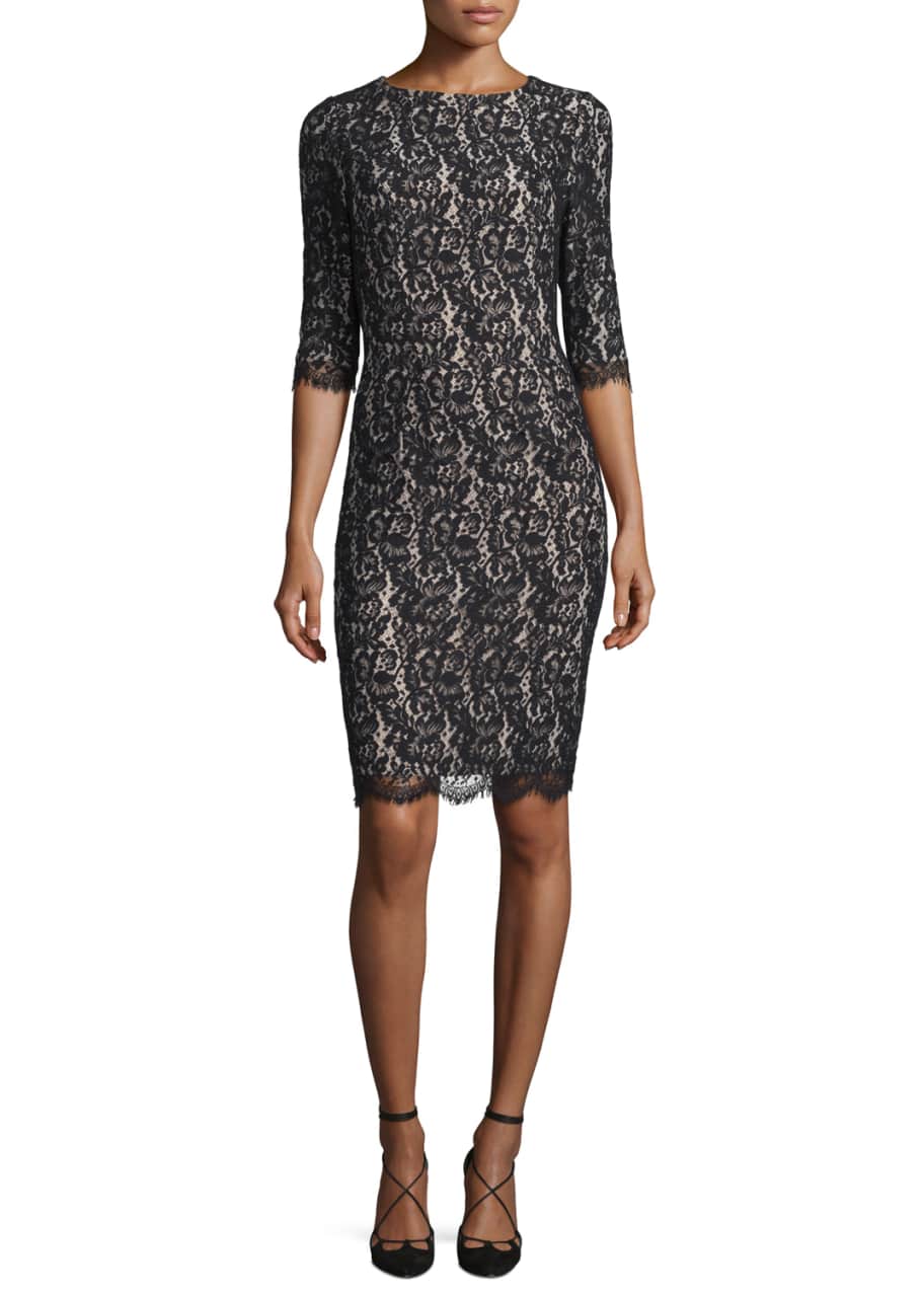 Carolina Herrera Half-Sleeve Lace Sheath Dress, Black - Bergdorf Goodman