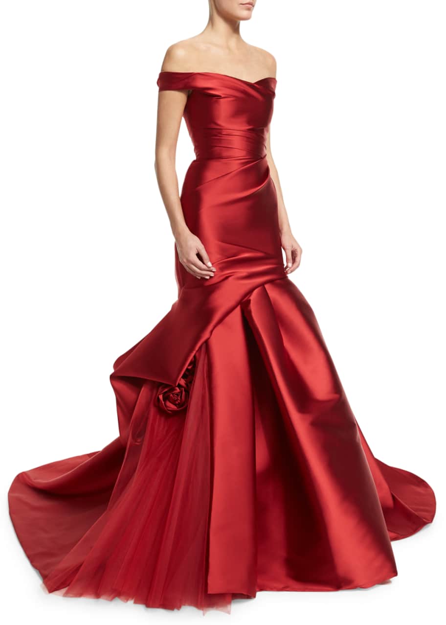 Monique Lhuillier Off the Shoulder Ruched Mikado Gown Bergdorf