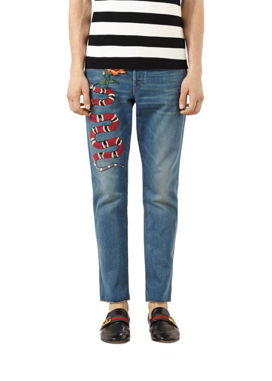 Gucci Embroidered Raw Edge Denim Jeans Stone Wash Bergdorf Goodman