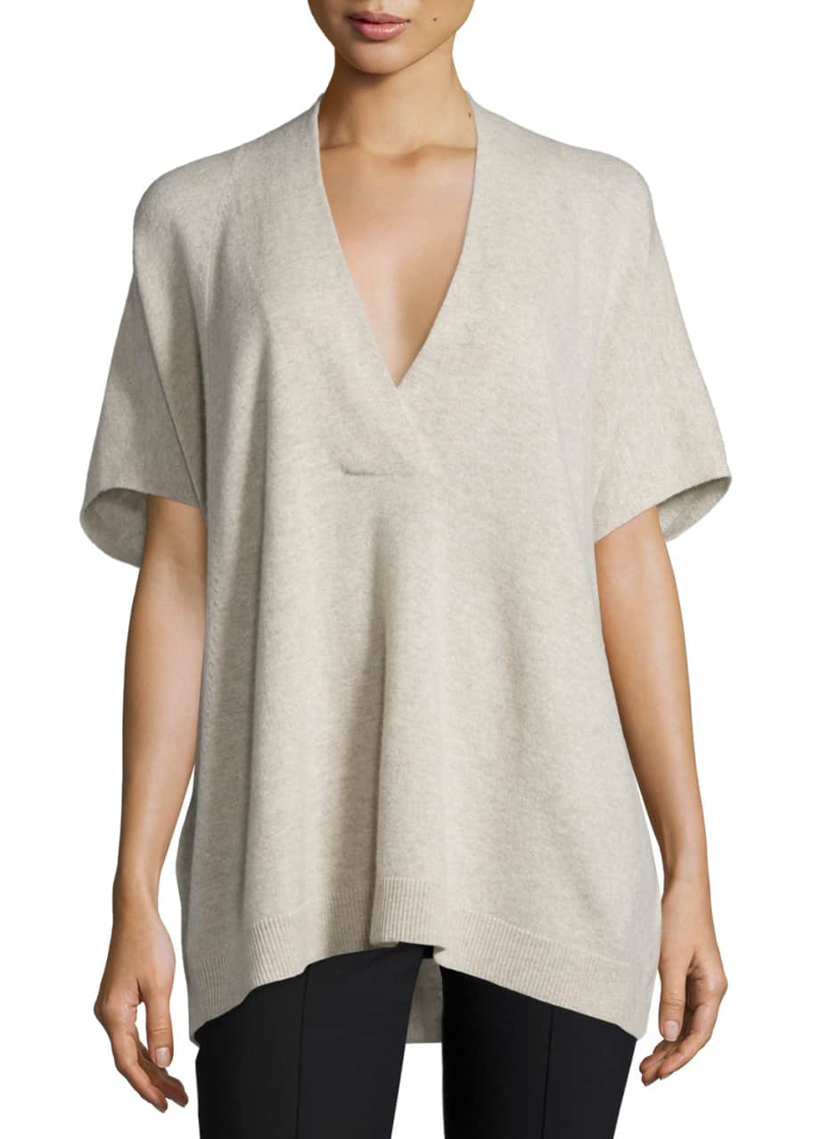 Vince Oversized V Neck Short Sleeve Sweater Light Heather