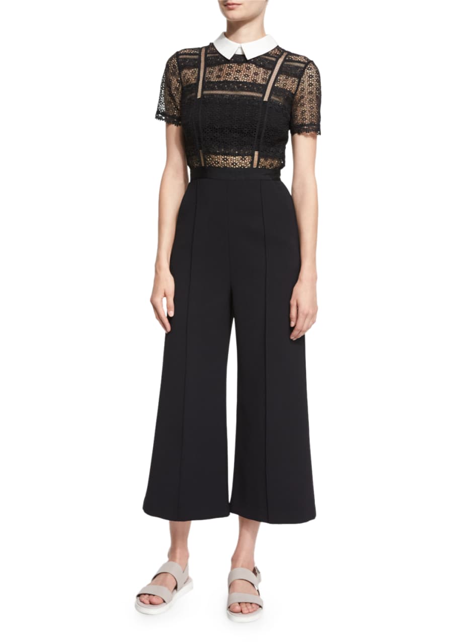 Self-Portrait Short-Sleeve Mixed-Media Jumpsuit, Black/White - Bergdorf ...