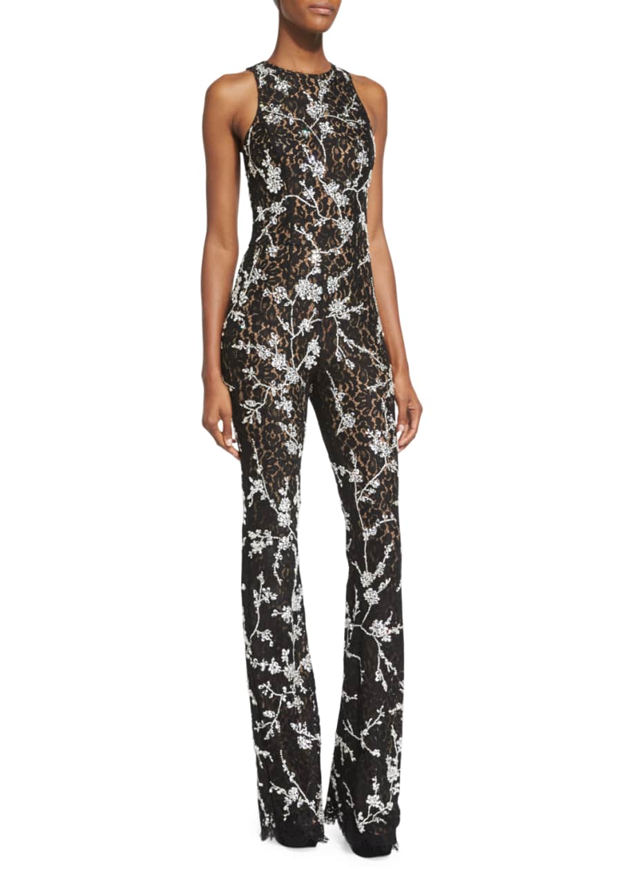 Michael Kors Floral Lace Flare Leg Jumpsuit Black Bergdorf Goodman