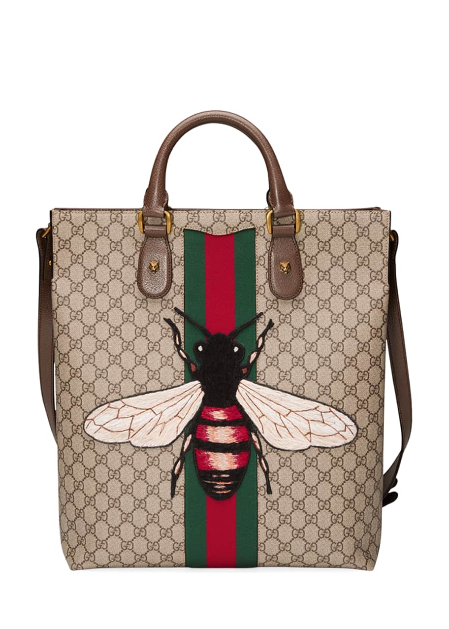 Gucci Men s Bee Embroidered GG Supreme Canvas Tote Bag Tan