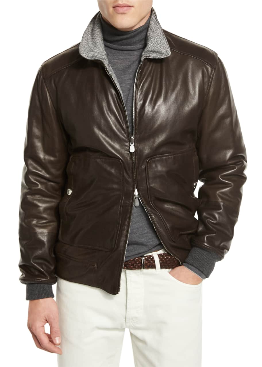 Brunello Cucinelli Reversible Leather & Herringbone Bomber Jacket ...
