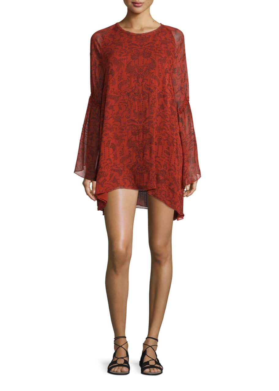 Iro Appoline Long Sleeve Damask Shift Dress Red Dark Navy Bergdorf Goodman