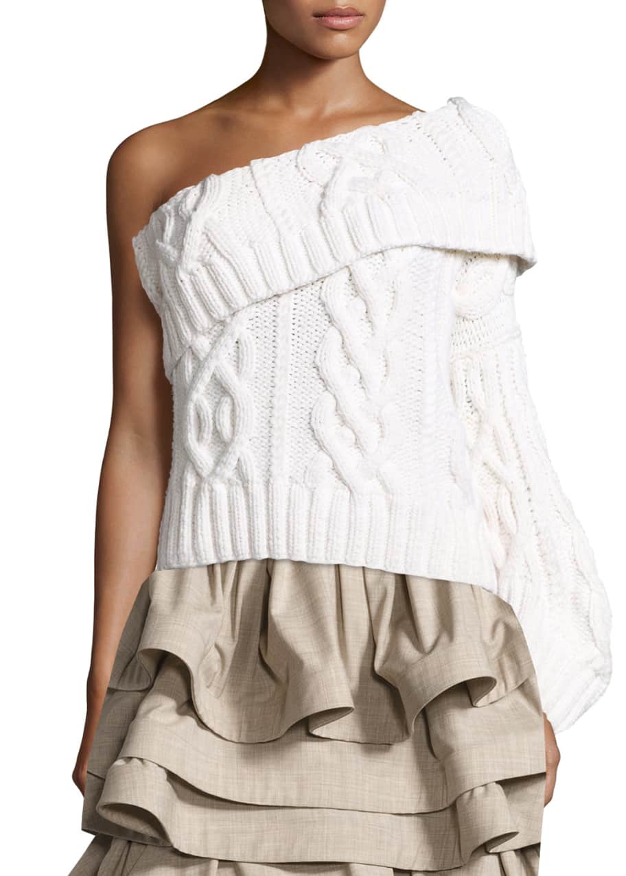 Rosie Assoulin Cable Knit One Shoulder Sweater Cream Bergdorf