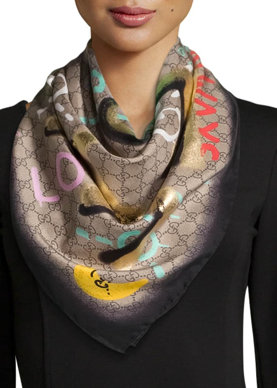 Gucci Ghost 'Life is Gucci' Monogram Printed Silk Square Scarf