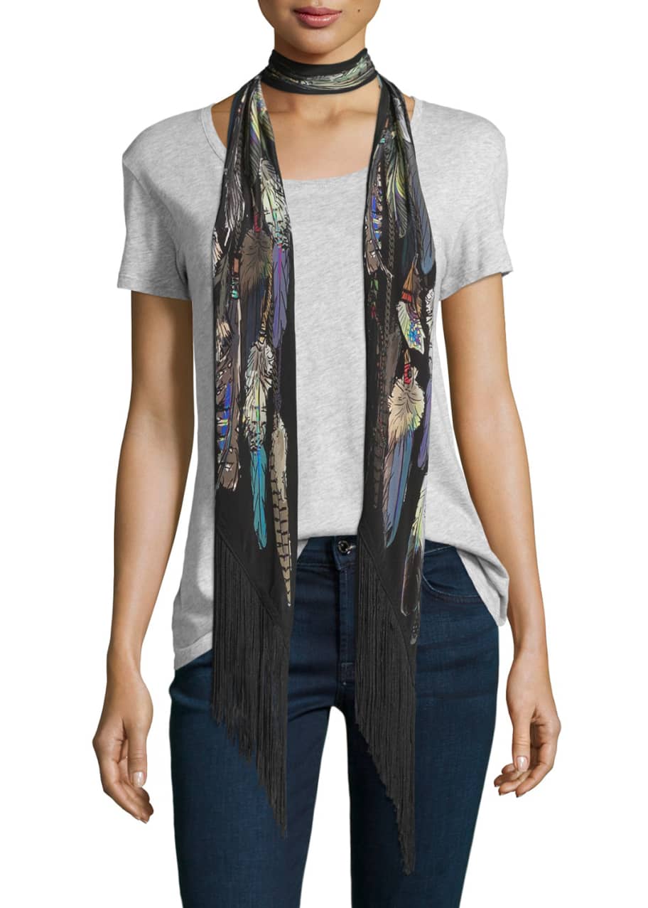 Rockins Feathers Classic Skinny Fringe Silk Scarf Black