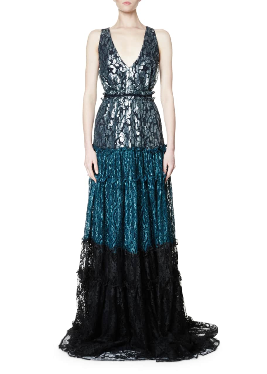 Lanvin Sleeveless Tricolor Lace Gown, Black/Multi - Bergdorf Goodman