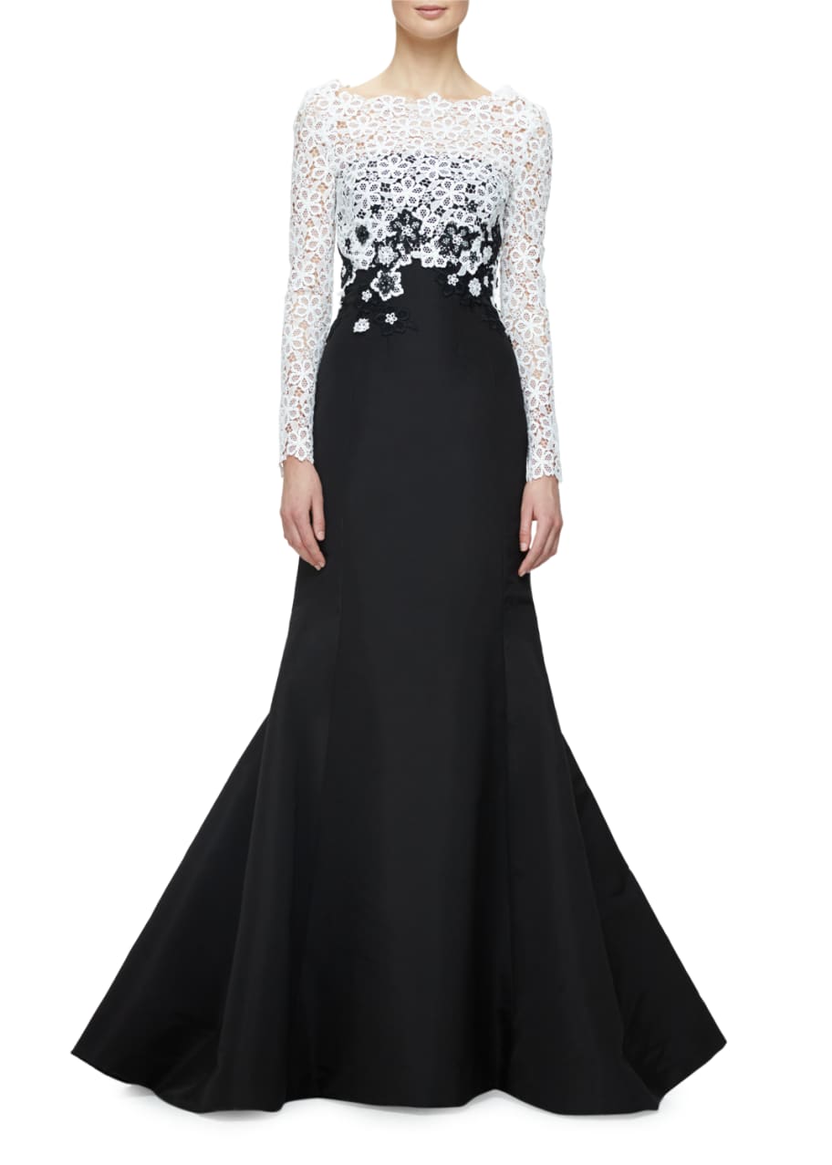 Oscar de la Renta Faille Trumpet Gown w Guipure Lace Overlay