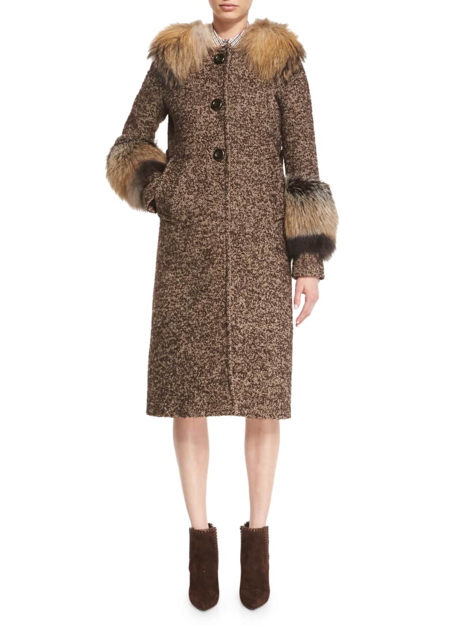Michael Kors Herringbone Tweed Coat w/Fox Fur Trim, Brown - Bergdorf ...