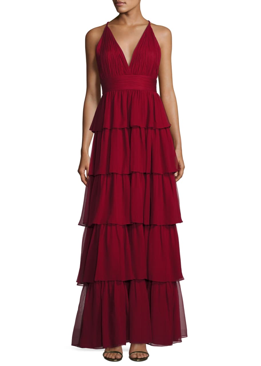 Image 1 of 1: Sleeveless Tiered Silk Chiffon Gown, Bordeaux