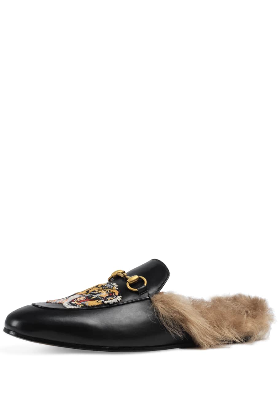 Gucci Princetown Fur Lined Slipper w Tiger Embroidery Black