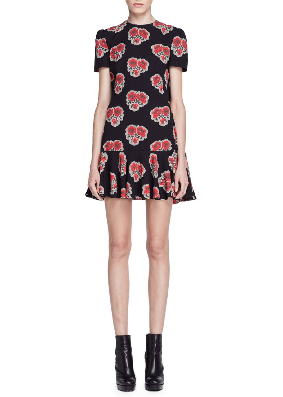 Image 1 of 1: Short-Sleeve Poppy-Print Cape-Back Dress