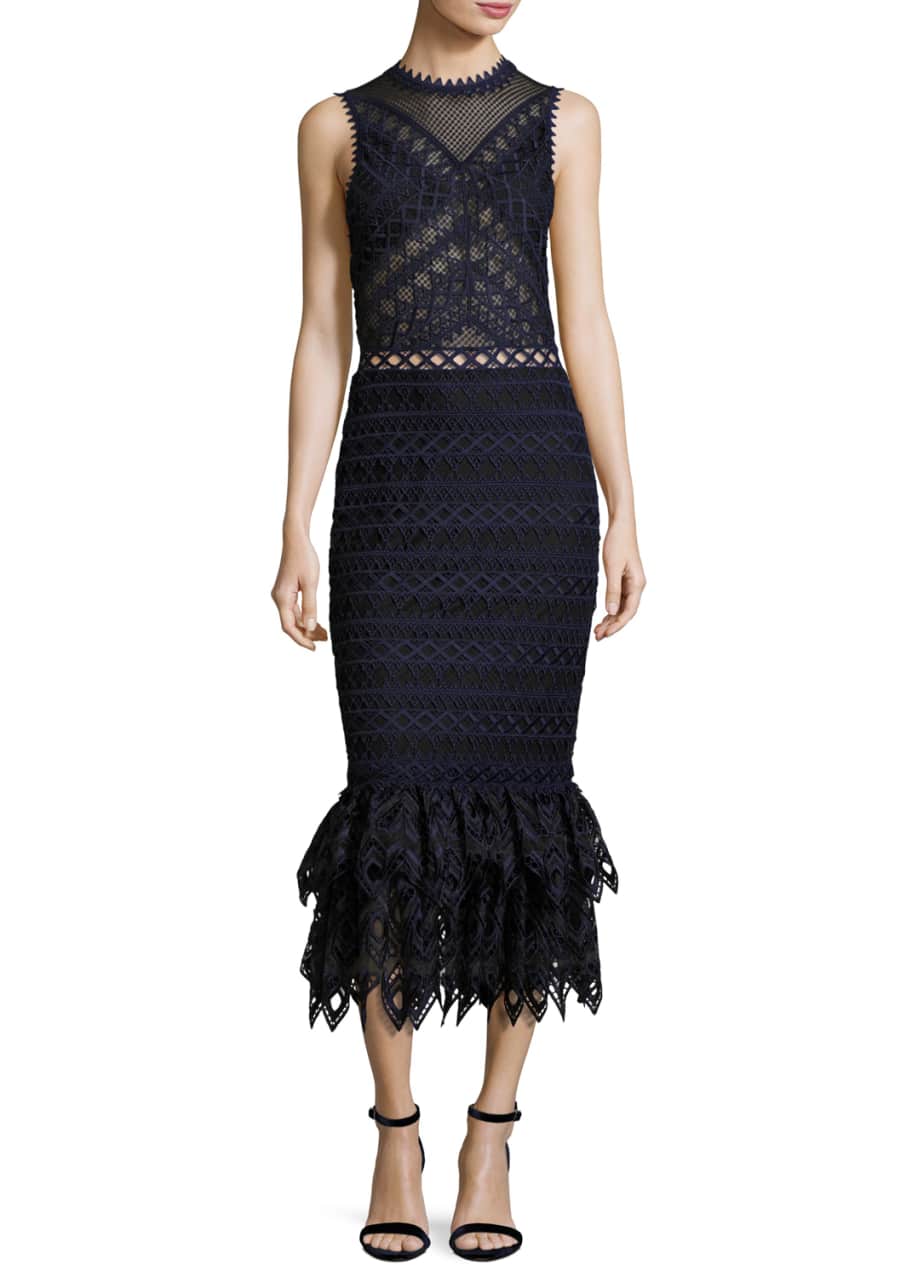 Jonathan Simkhai Lattice Embroidered Organza Mermaid Dress Navy