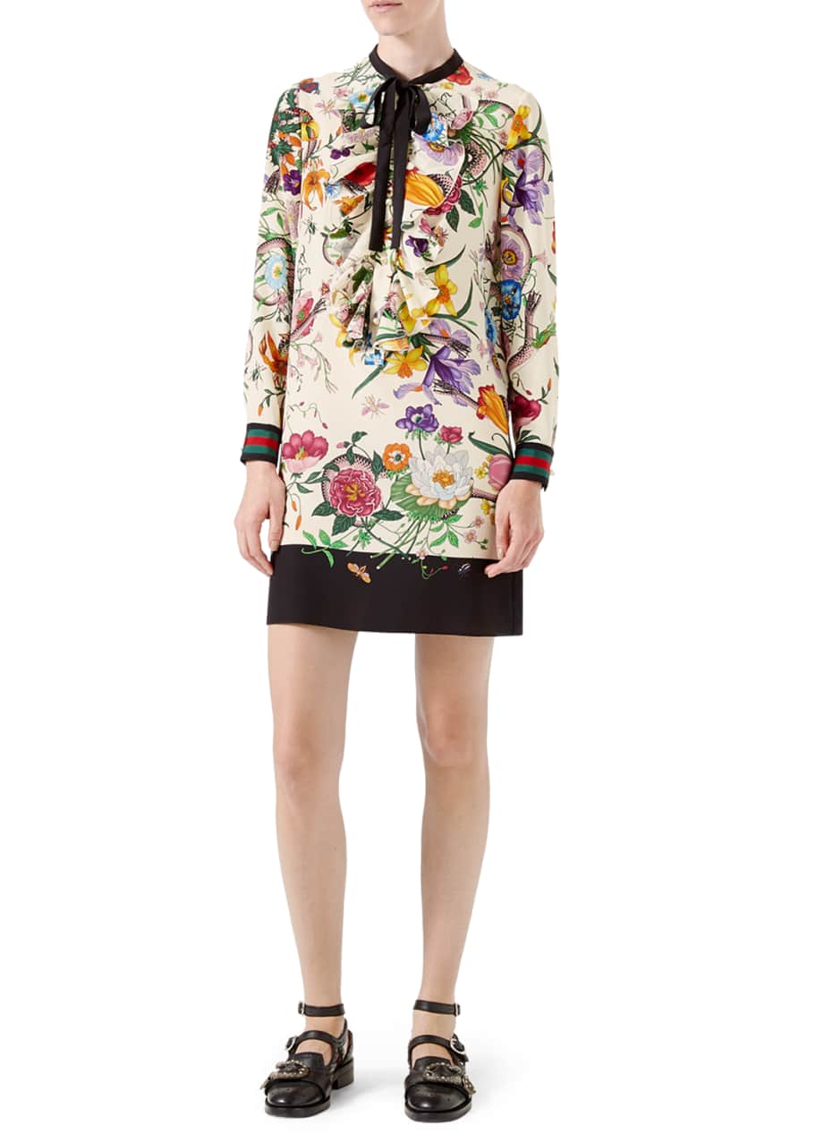 Gucci Floral-Print Silk Dress, Black - Bergdorf Goodman