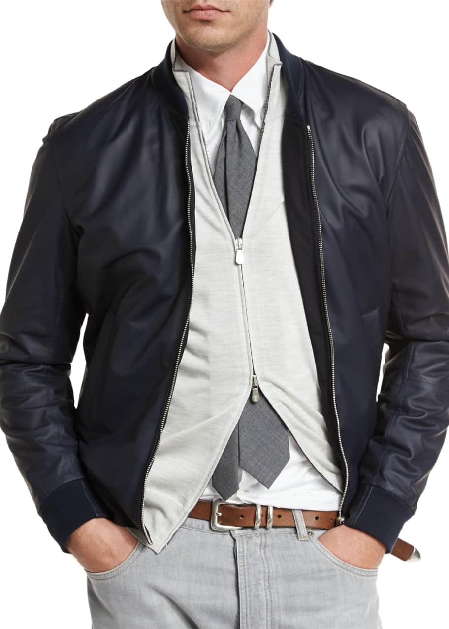 Brunello Cucinelli Reversible Leather Wool Bomber Jacket Navy