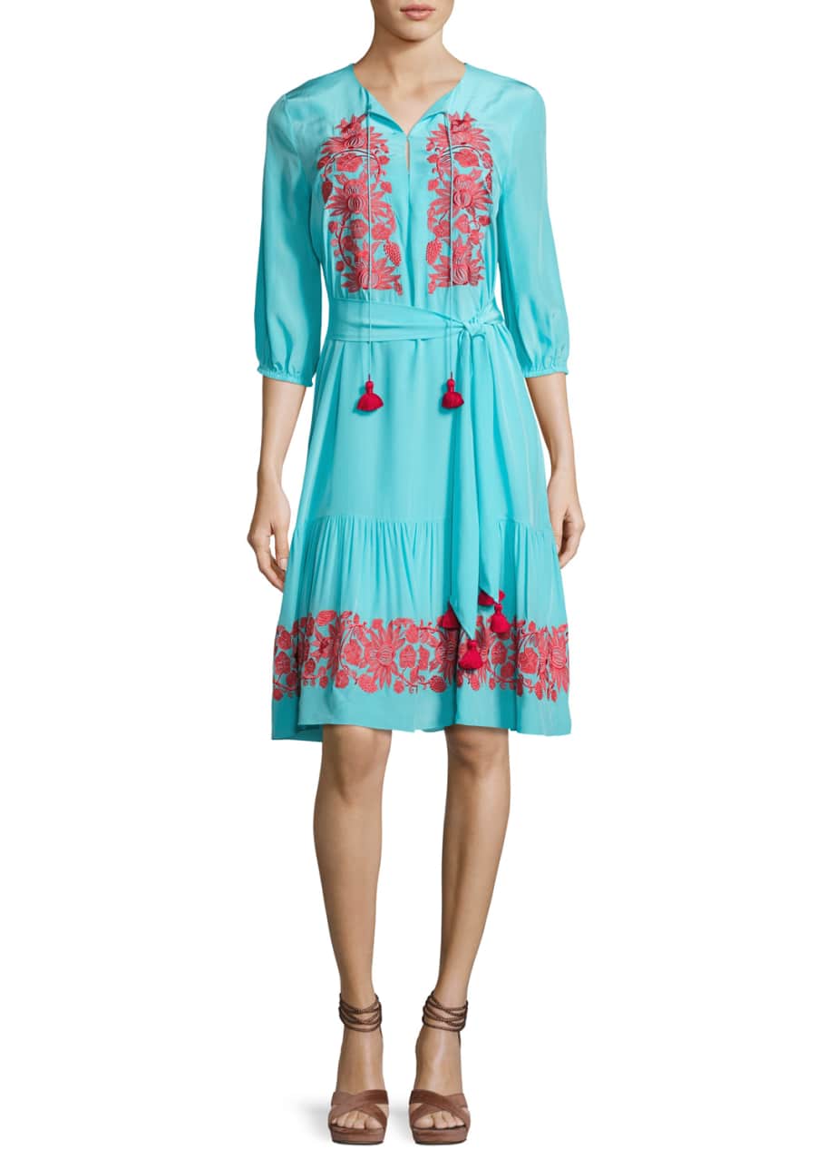 Figue Embroidered 3/4Sleeve Peasant Dress, Blue Bergdorf Goodman