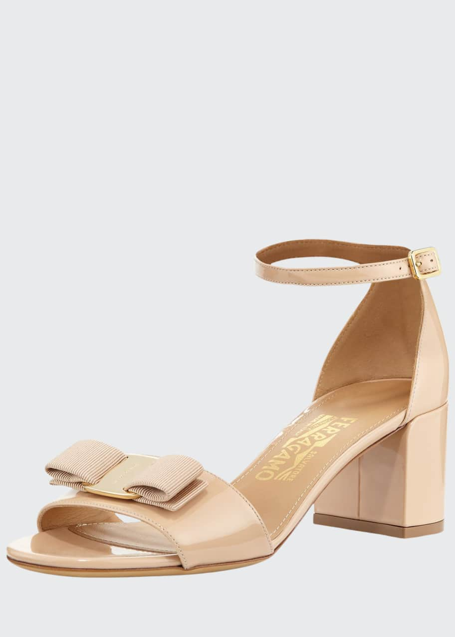 Salvatore Ferragamo Gavina Bow Patent City Sandals, Bisque